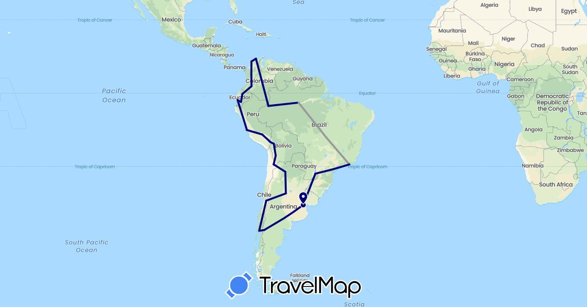 TravelMap itinerary: driving, plane in Argentina, Bolivia, Brazil, Chile, Colombia, Ecuador, Peru (South America)