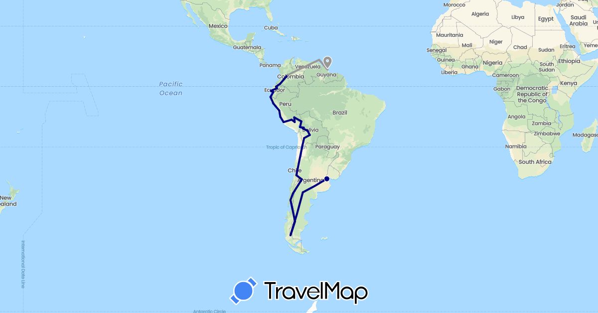 TravelMap itinerary: driving, plane in Argentina, Bolivia, Chile, Colombia, Ecuador, Guyana, Peru, Trinidad and Tobago (North America, South America)